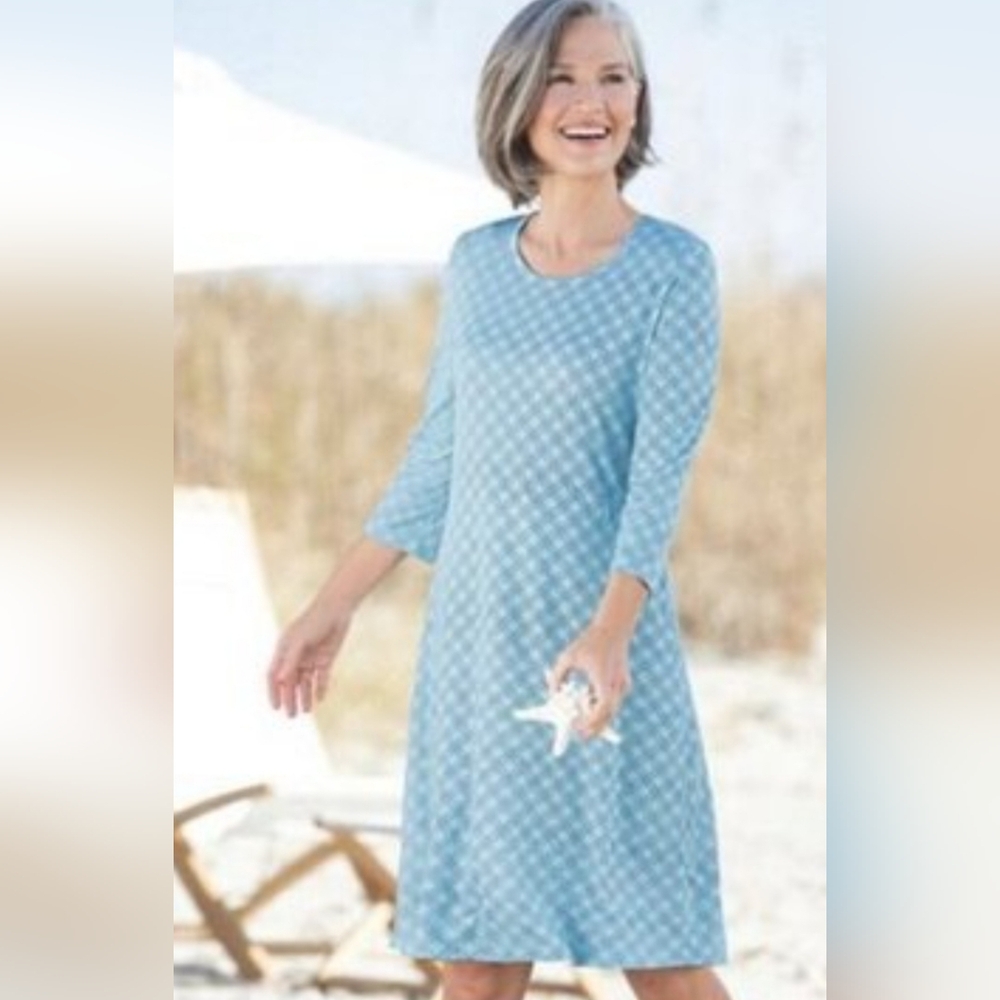 NWOT Appleseed’s Womens Button Front Shirt Dress M Ocean Blue Stretch Easter